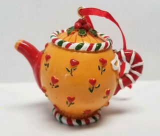 1997 Mary Engelbreit Mini Teapot Ornament Rare,  Yellow And Red Flowers,  Me Ink