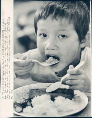 1975 Photo Vietnam War Boy Child Camp Pendleton Ca First Meal Cambodia