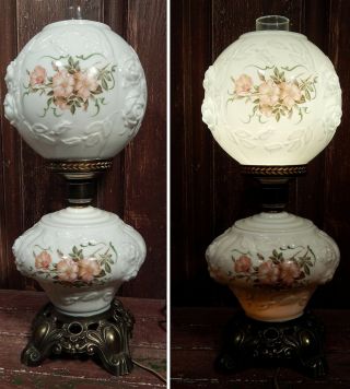 Vintage Fenton Lamp Puffy Rose Electric Hurricane Gone With The Wind Lamp