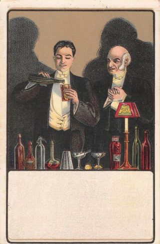 Gentlemen In Tuxes Mixing Drinks By Lamplight - Liqour - Old Art Nouveau Postcard