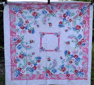 Vintage Cotton Tablecloth 40s50s Pretty Pink Red & Blue Floral 50 X 50
