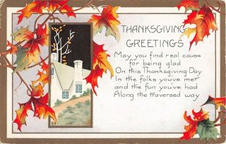Autumn Leaves Around Home Scene - Old Art Deco Whitney Thanksgiving Motto Pc - May Y
