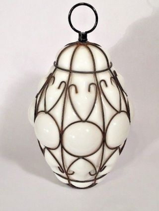 Hanging Light Fixture Milk Glass Mid Century Modern Metal Caged Lamp