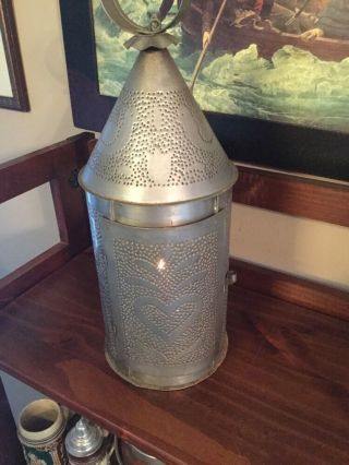 Punch Lantern Punch Lamp Vintage Tin Hand Made 16 Inches Tall