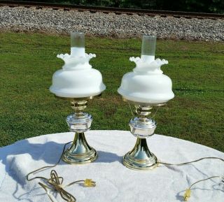 Vintage Brass Hurricane Lamps Milk Glass Shades & Frosted Chimney 