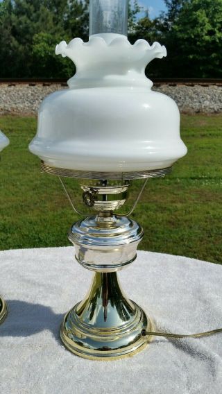 VINTAGE BRASS HURRICANE LAMPS MILK GLASS SHADES & FROSTED CHIMNEY ' S 2