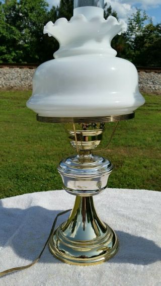 VINTAGE BRASS HURRICANE LAMPS MILK GLASS SHADES & FROSTED CHIMNEY ' S 3