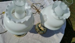 VINTAGE BRASS HURRICANE LAMPS MILK GLASS SHADES & FROSTED CHIMNEY ' S 4