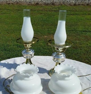 VINTAGE BRASS HURRICANE LAMPS MILK GLASS SHADES & FROSTED CHIMNEY ' S 5