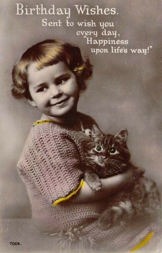 C.  1908,  Rppc,  Real Photo,  Little Girl And Cat Birthday,  Old Postcard