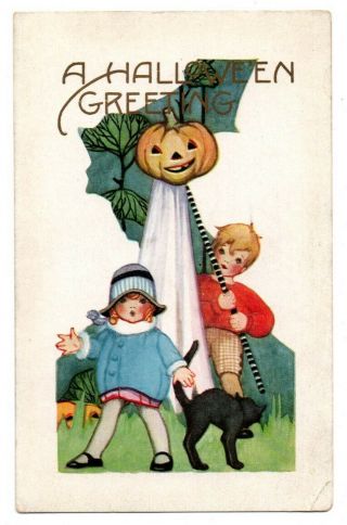 Halloween Greetings Jol Pumpkin Black Cat Kids Whitney Holiday Postcard