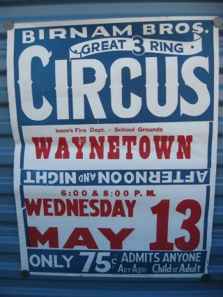 Vintage Birnam Bros.  3 Ring Circus Poster Flyer