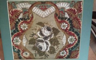 Antique Beaded Needlepoint Pillow Top Piece Floral Roses