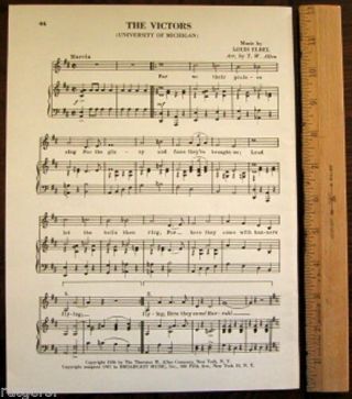 University Of Michigan Vintage Song Sheet C1953 " The Victors "