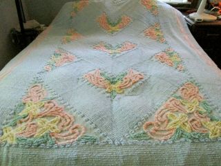 Vintage Light Blue Multi Floral Cotton Chenille Bedspread Queen 104 X 90 Inches