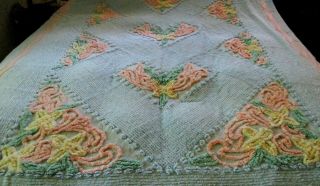 Vintage Light Blue Multi Floral Cotton Chenille Bedspread QUEEN 104 X 90 inches 2