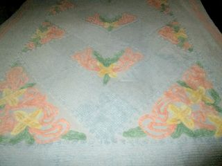 Vintage Light Blue Multi Floral Cotton Chenille Bedspread QUEEN 104 X 90 inches 6
