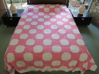 Queen Vintage All Cotton Hand Pieced Pink White Bow Tie Octagon Quilt Top; Good