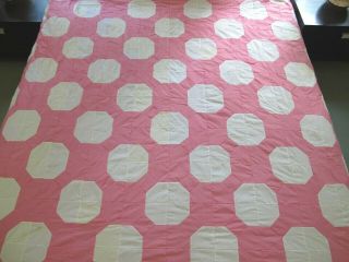 QUEEN Vintage All Cotton Hand Pieced PINK WHITE Bow Tie Octagon Quilt TOP; Good 2