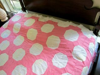QUEEN Vintage All Cotton Hand Pieced PINK WHITE Bow Tie Octagon Quilt TOP; Good 3