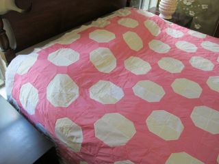 QUEEN Vintage All Cotton Hand Pieced PINK WHITE Bow Tie Octagon Quilt TOP; Good 5