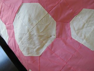 QUEEN Vintage All Cotton Hand Pieced PINK WHITE Bow Tie Octagon Quilt TOP; Good 6