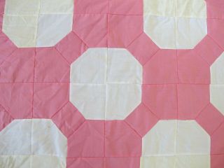QUEEN Vintage All Cotton Hand Pieced PINK WHITE Bow Tie Octagon Quilt TOP; Good 8