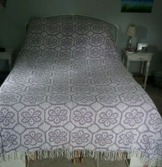 Vintage Bedspread Chenille Cotton Purple White Double Full Fringe Retro Blanket