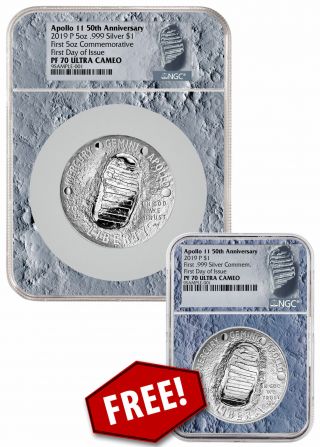 2 Pc Set 2019 - P Apollo 11 50th 5 Oz.  Silver Dollar,  Bonus Ngc Pf70 Fdi Sku58634