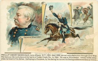 Vintage Chromograph Multi - View Postcard General Sheridan Civil War Battle Victor