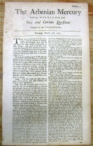 1690 Newspaper With A Long Front Page Reference To England Witches Salem Ma