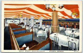 Atlanta,  Georgia Postcard Ship Ahoy Restaurant Interior View Curteich Linen 1946