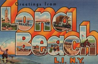 Vintage Big Letter Greetings From Long Beach Long Island Ny Postcard Fisherman