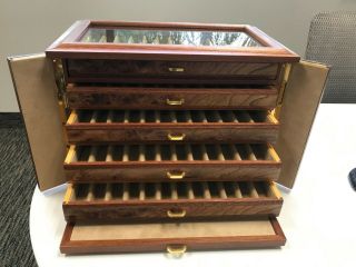 60 Pen Display Case,  Glass Top,  Rosewood,  Brass Hardware,  Made In Italy