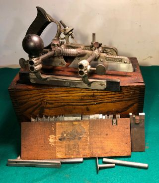 Antique Boxed Stanley No.  45 S Combination Wood Plane With Cutters