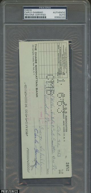 Carlo Gambino Mobster Signed Oct.  30th,  1963 Check Auto Autograph Psa/dna