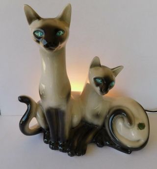 Vintage 1958 Siamese Cat Tv Lamp Jeweled Eyes Mcm Lane & Co.  California Pottery