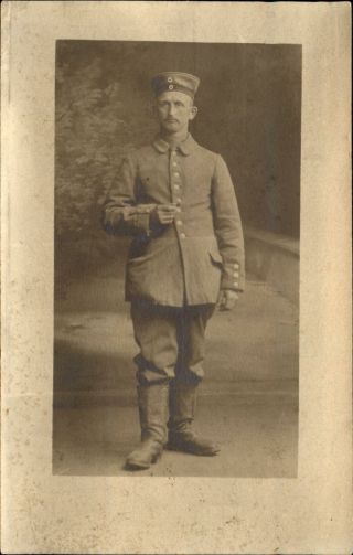 Wwi German Soldier Standing Sudio Portrait Rppc Real Photo Postcard