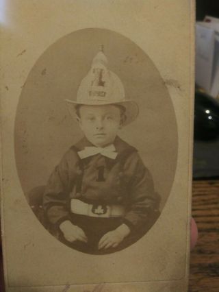 Rare 1800s Cdv Photo Of Young Boy Dressed Up As Fireman With 1 Helmet