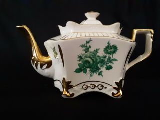 Antique Arthur Wood Procelain Teapot Hand Painted With Green Flowers & Gold Trim