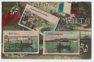 Multi - View Postcard Greetings From Malta Tinted Real Photo Vintage 1914 - 1920