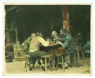 Shanghai China C 1930 Chinese Men Dining Adcraft Studios Color Tinted Photo Rare