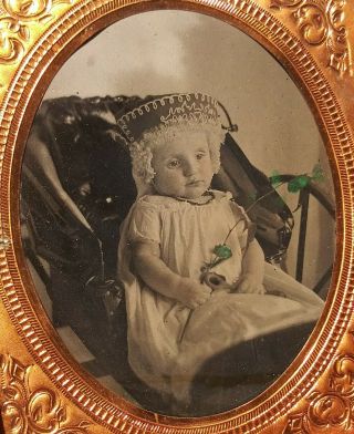 Post - Mortem Tintype Baby In Carriage Holding Flower & Rattle