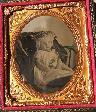 Post - Mortem Tintype Baby in Carriage Holding Flower & Rattle 3