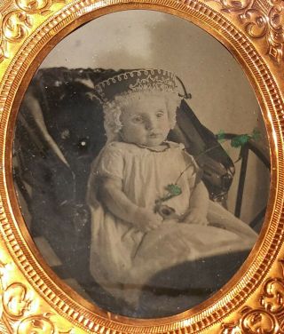Post - Mortem Tintype Baby in Carriage Holding Flower & Rattle 5