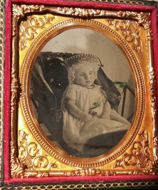 Post - Mortem Tintype Baby in Carriage Holding Flower & Rattle 6