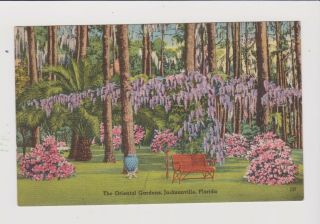 Vintage Linen Printed Oriental Gardens Jacksonville Florida 1951uncirulated