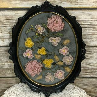 Vintage Framed Quilt Hand Work,  Pink Yellow Flowers,  Black Oval Ornate Framed Qu