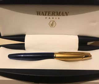 Waterman Edson Saphire Blue & Gold Fountain Pen 18 Kt Gold Med Pt