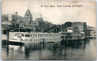 St.  Paul,  Minnesota Postcard  Boat Landing And Depot " Train Station View C1900s
